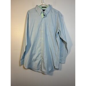 Paul Fredrick Men's Dress Shirt 17.5 35 Blue Green Plaid 100% Long Fine Cotton